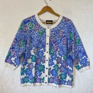 Bob Mackie Wearable Art Women Multicolor Floral Button Cardigan Sweater Size L